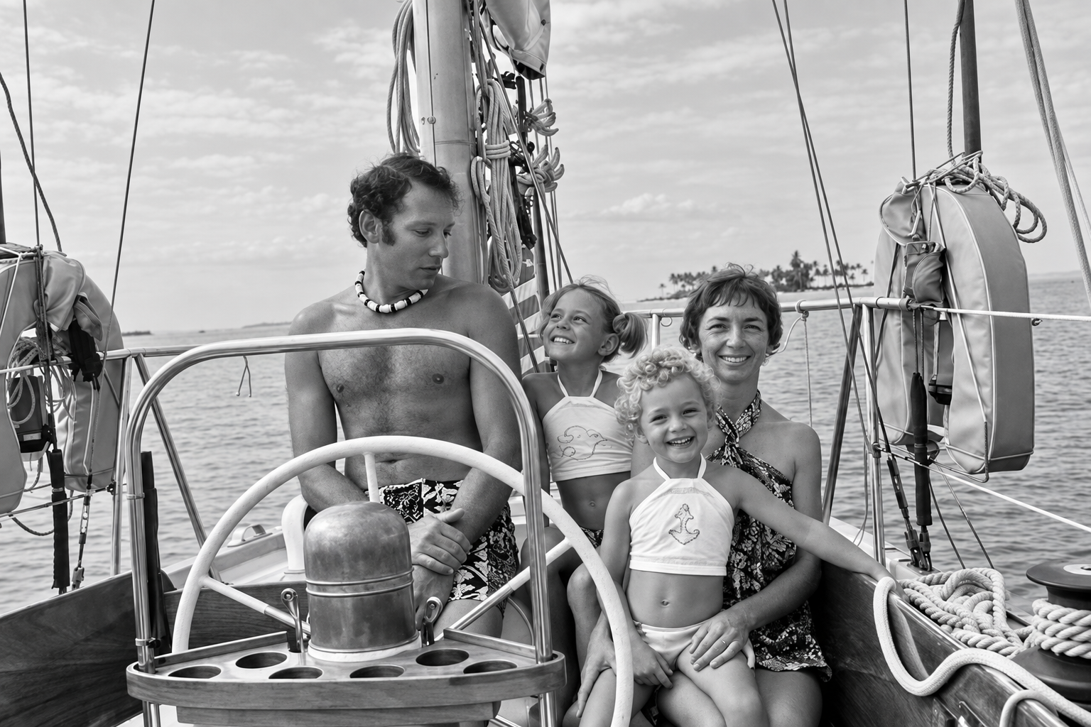 Linda and Steve Dashew with their daughters aboard Intermezzo off Bora Bora in 1977. © SetSail.com